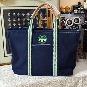 Tory Burch Navy Tote with Green and White Stripes